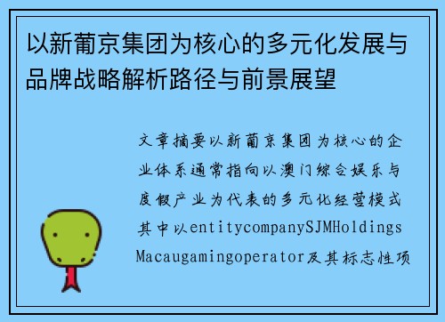 以新葡京集团为核心的多元化发展与品牌战略解析路径与前景展望
