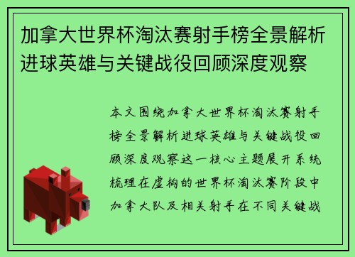 加拿大世界杯淘汰赛射手榜全景解析进球英雄与关键战役回顾深度观察